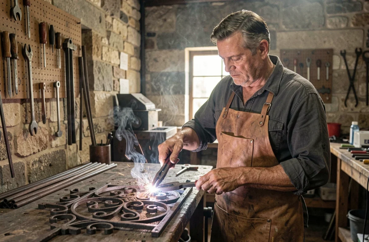 Artisan forgeron travaillant sur une ferronnerie ornementale dans un atelier traditionnel toulousain pour AC Ferronnerie