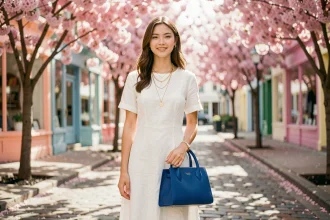 Jeune femme en robe blanche rehaussée d'un sac cobalt et de bijoux dorés dans une rue printanière fleurie