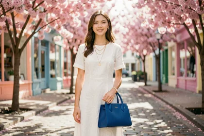 Jeune femme en robe blanche rehaussée d'un sac cobalt et de bijoux dorés dans une rue printanière fleurie