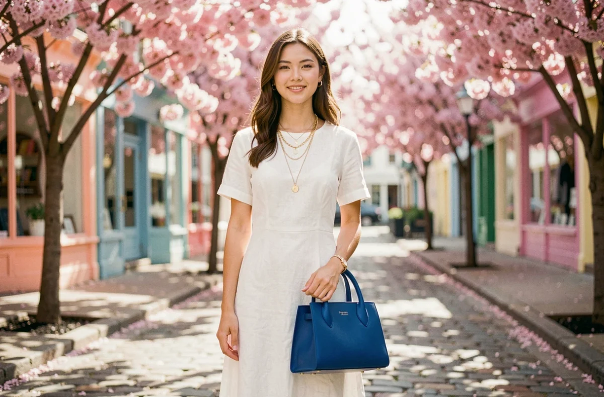 Jeune femme en robe blanche rehaussée d'un sac cobalt et de bijoux dorés dans une rue printanière fleurie