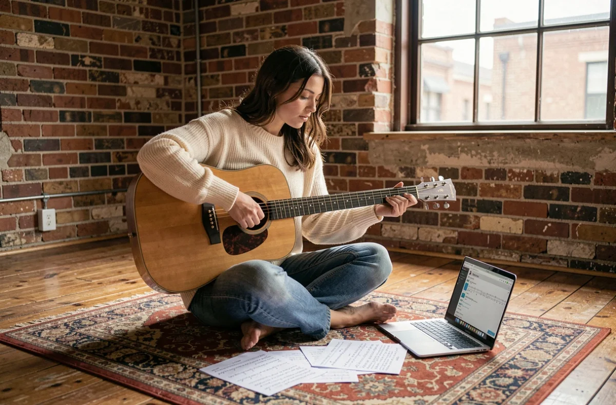 Femme apprenant les accords acoustiques modernes de Je Te Promets entourée de partitions manuscrites
