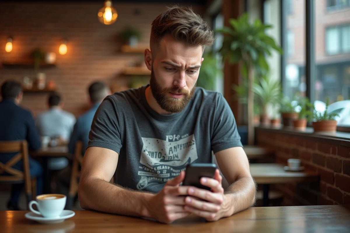 Un jeune homme consulte une application de revente de seconde main sur son téléphone dans un café, représentant l'acheteur connecté de l'économie circulaire