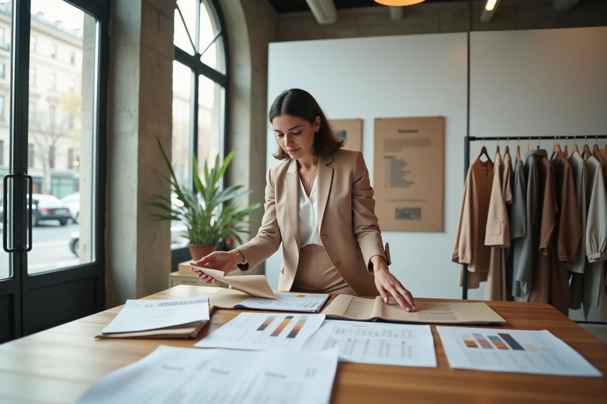 Acheteuse de mode professionnelle analysant des échantillons de tissu et des données économiques dans un showroom parisien moderne