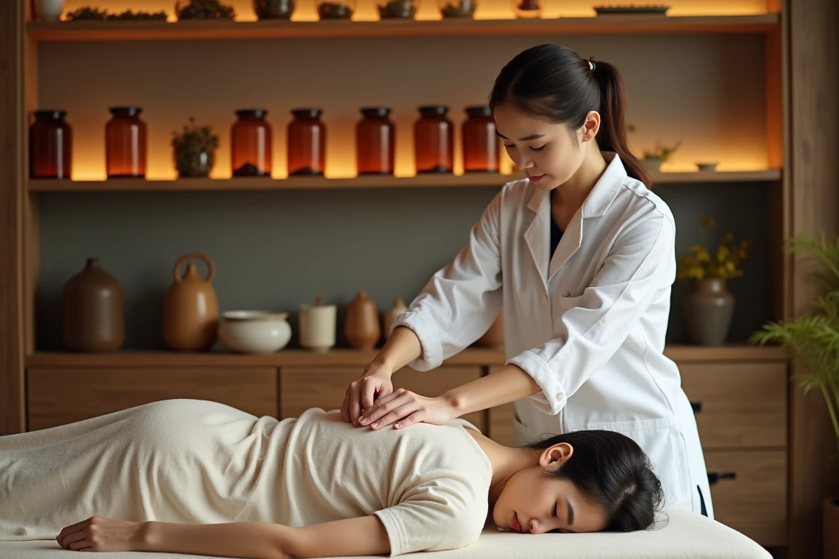 Praticienne en médecine chinoise réalisant une séance d'acupuncture sur une patiente dans un cabinet spécialisé