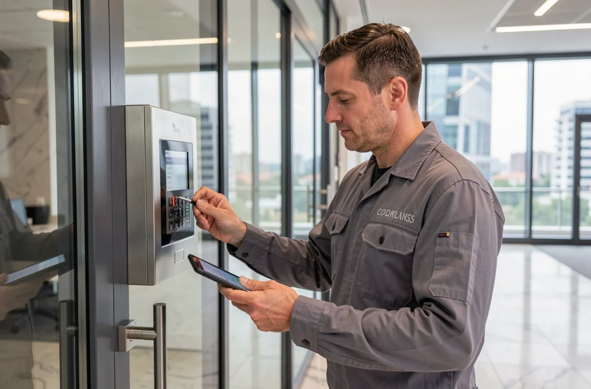 Technicien ADMS réglant un contrôle d'accès électronique à l'entrée d'un immeuble de bureaux toulousain