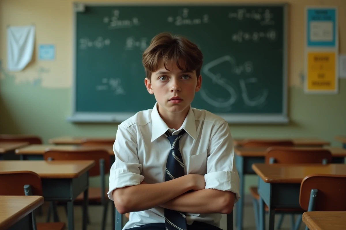 Adolescent en uniforme froissé adopte une posture défiant dans une salle de classe, illustrant la mauvaise éducation et l'insolence scolaire