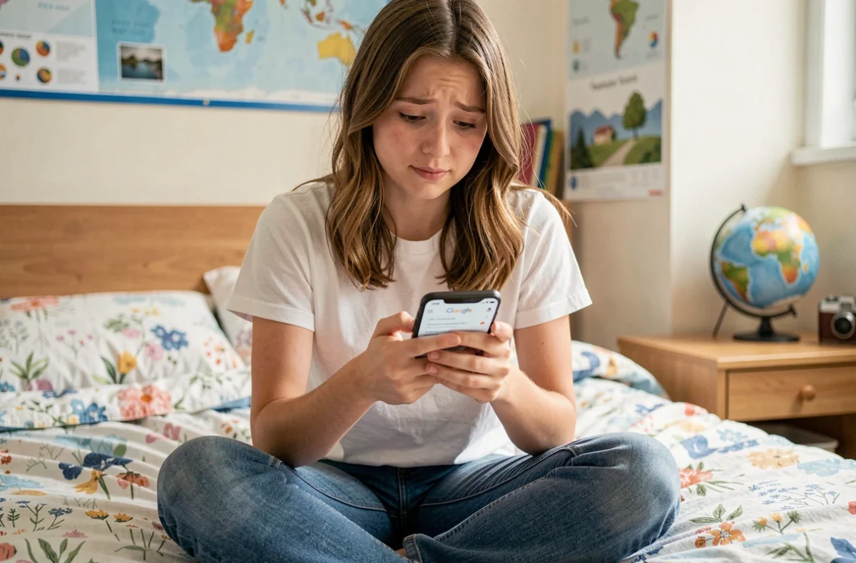Adolescente assise sur son lit consultant Google sur smartphone sans apercevoir le doodle de la journée de la Terre