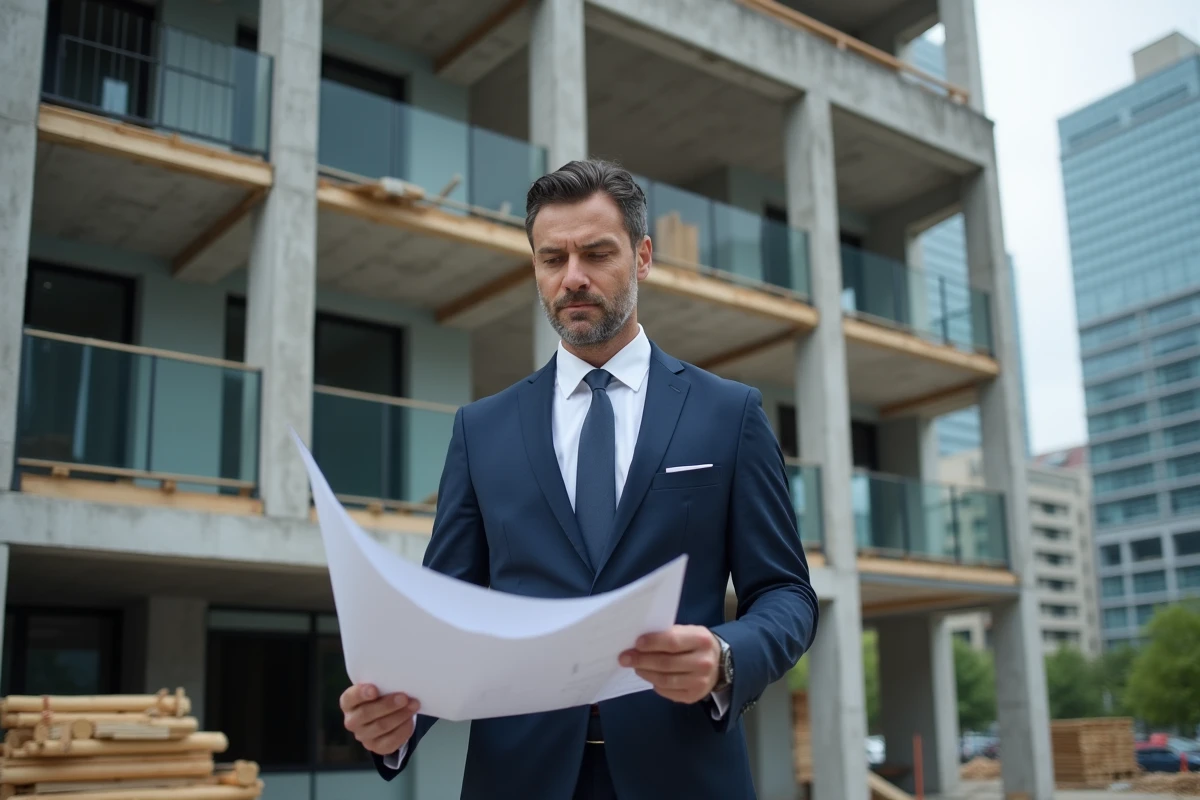 Agent immobilier devant un immeuble en construction examinant des plans architecturaux, symbolisant les prévisions immobilières 2026