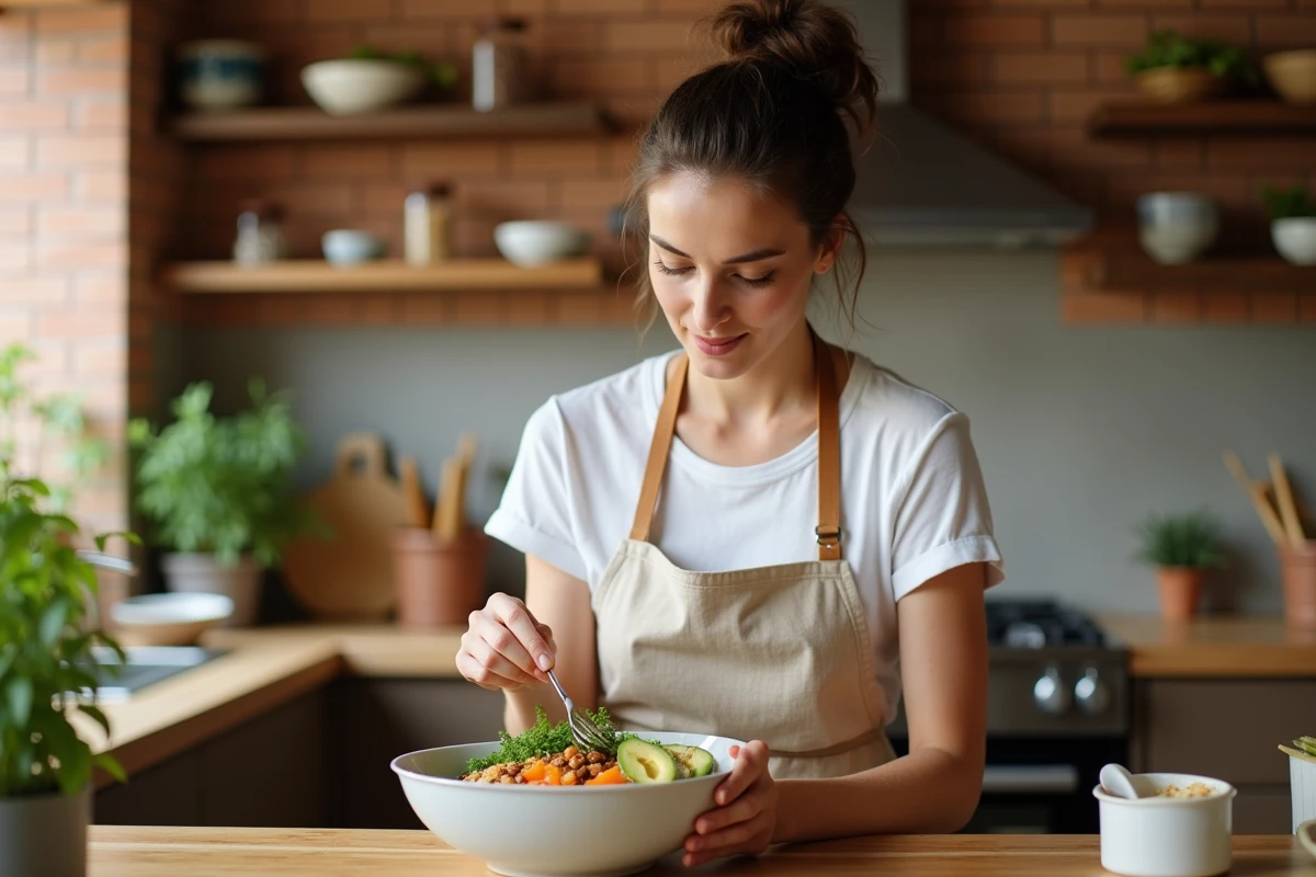 Femme préparant un bol de céréales et légumes colorés dans une cuisine moderne aux tons chauds