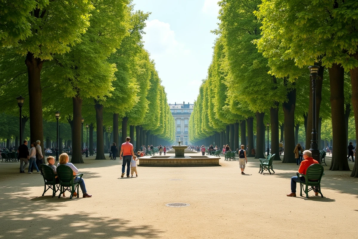 Allée principale d'un grand parc parisien avec fontaine, chaises vertes et promeneurs en été