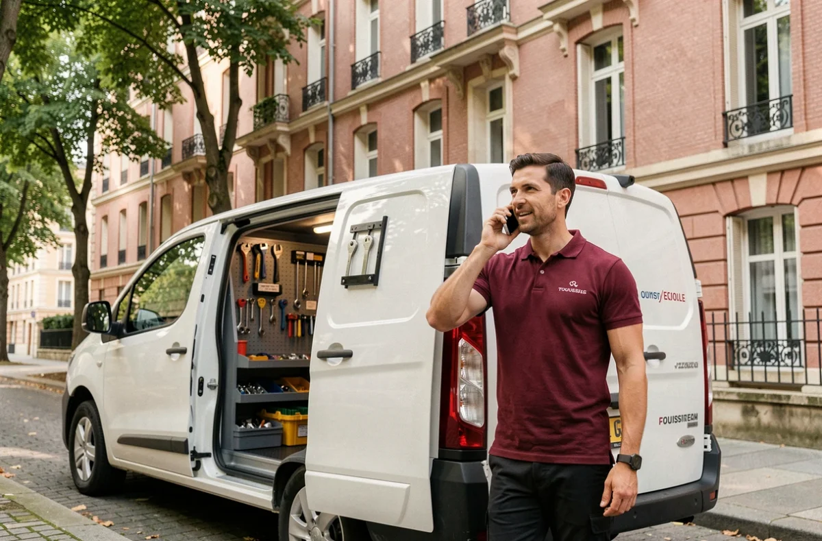 Technicien Allo-Serrurier Toulouse au téléphone devant son véhicule de service dans un boulevard toulousain
