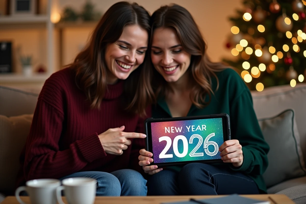 Deux amies personnalisant ensemble une image Bonne Année 2026 gratuite avec un prénom sur tablette