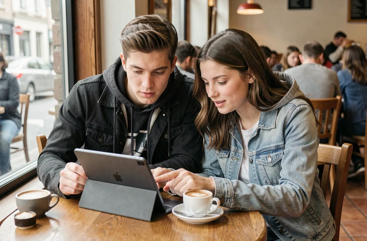 Deux amis lisant ensemble un scan One Piece sur tablette dans un café urbain