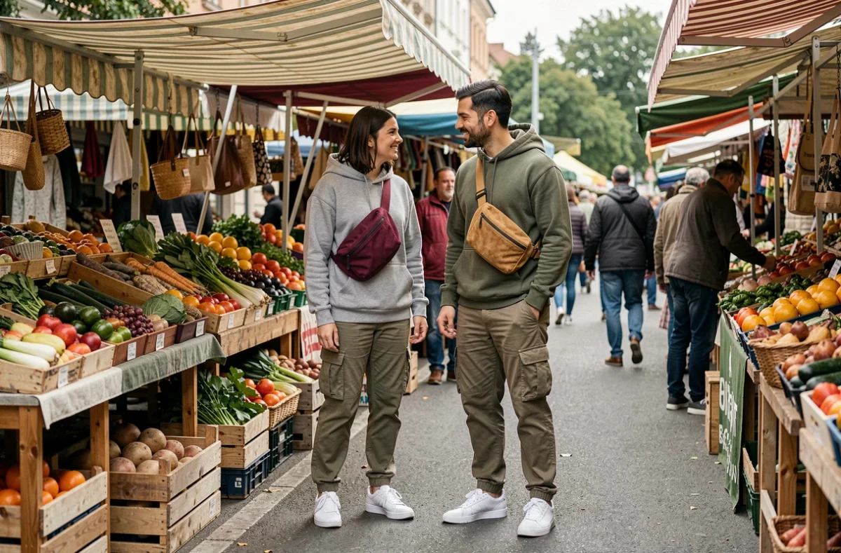 Deux amis portant des sacs banane tendance dans des styles différents lors d'un marché en plein air animé