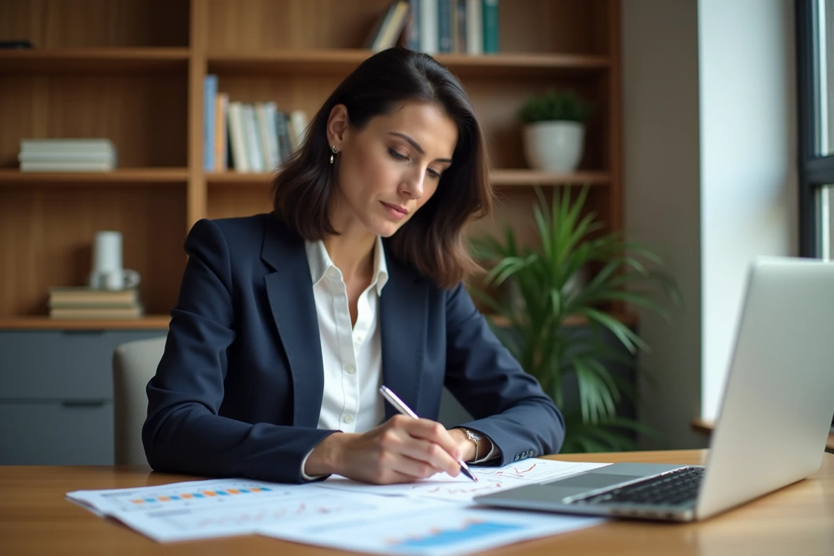 Femme analysant des documents hypothécaires et des graphiques de taux d'intérêt sur un bureau en bois dans un bureau à domicile moderne