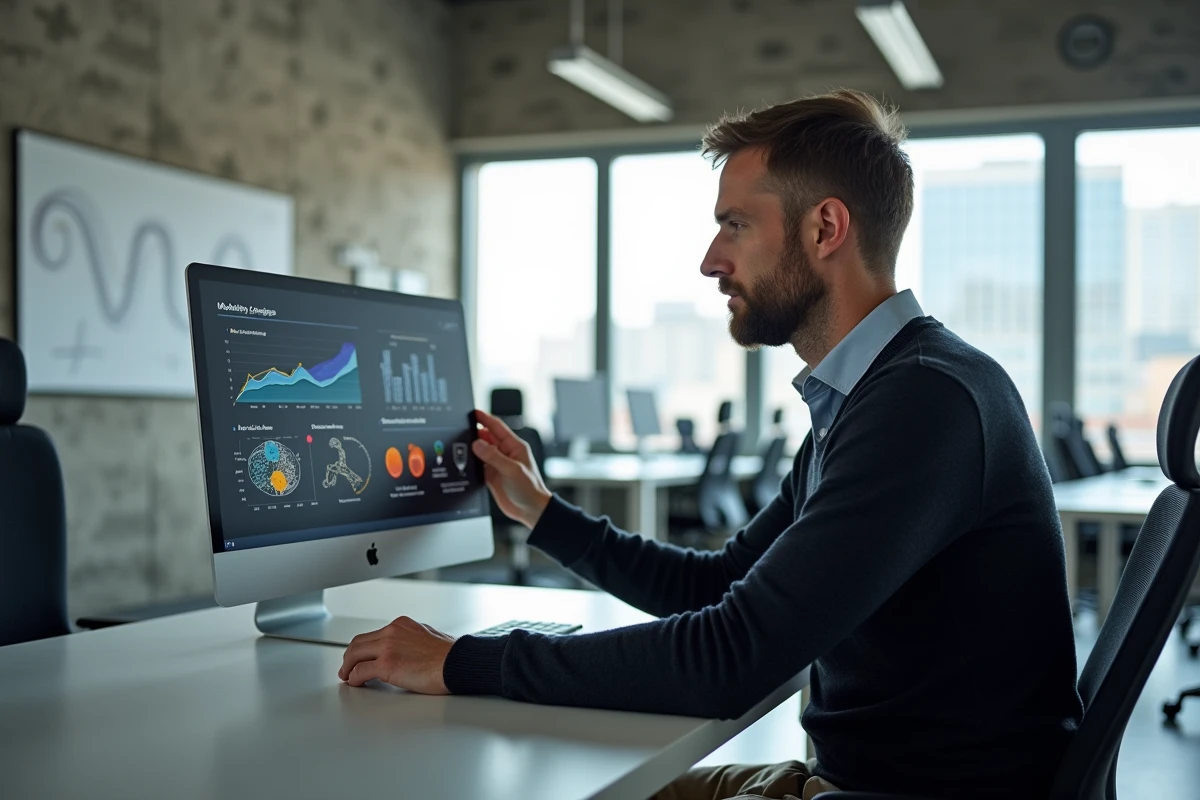 Homme analysant des données de mobilité sur un écran dans un bureau moderne en open space