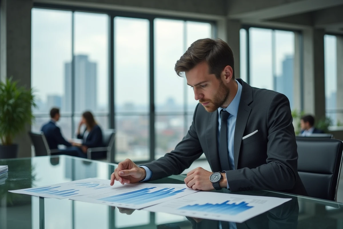 Professionnel analysant les cinq drivers principaux dans un bureau moderne avec graphiques imprimés