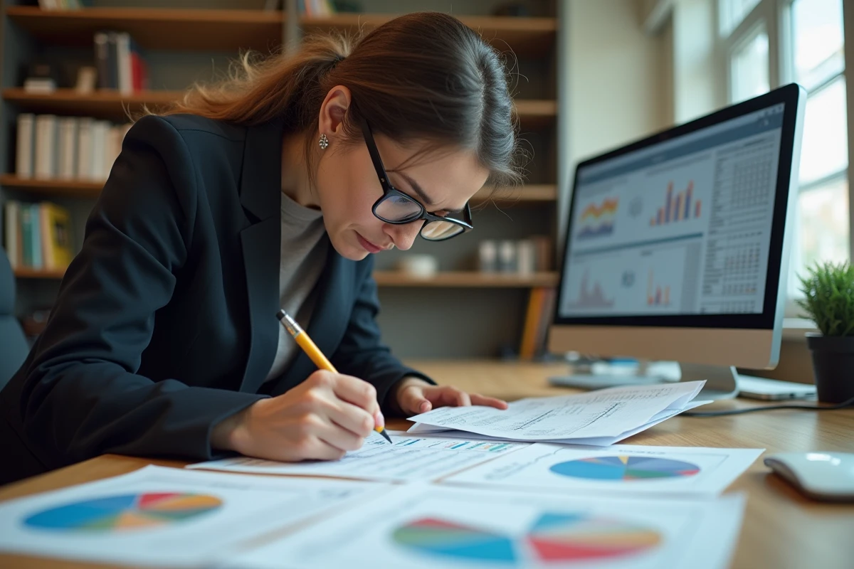 Professionnelle analysant des grilles d'évaluation et des graphiques statistiques sur un bureau en bois dans un bureau corporatif moderne