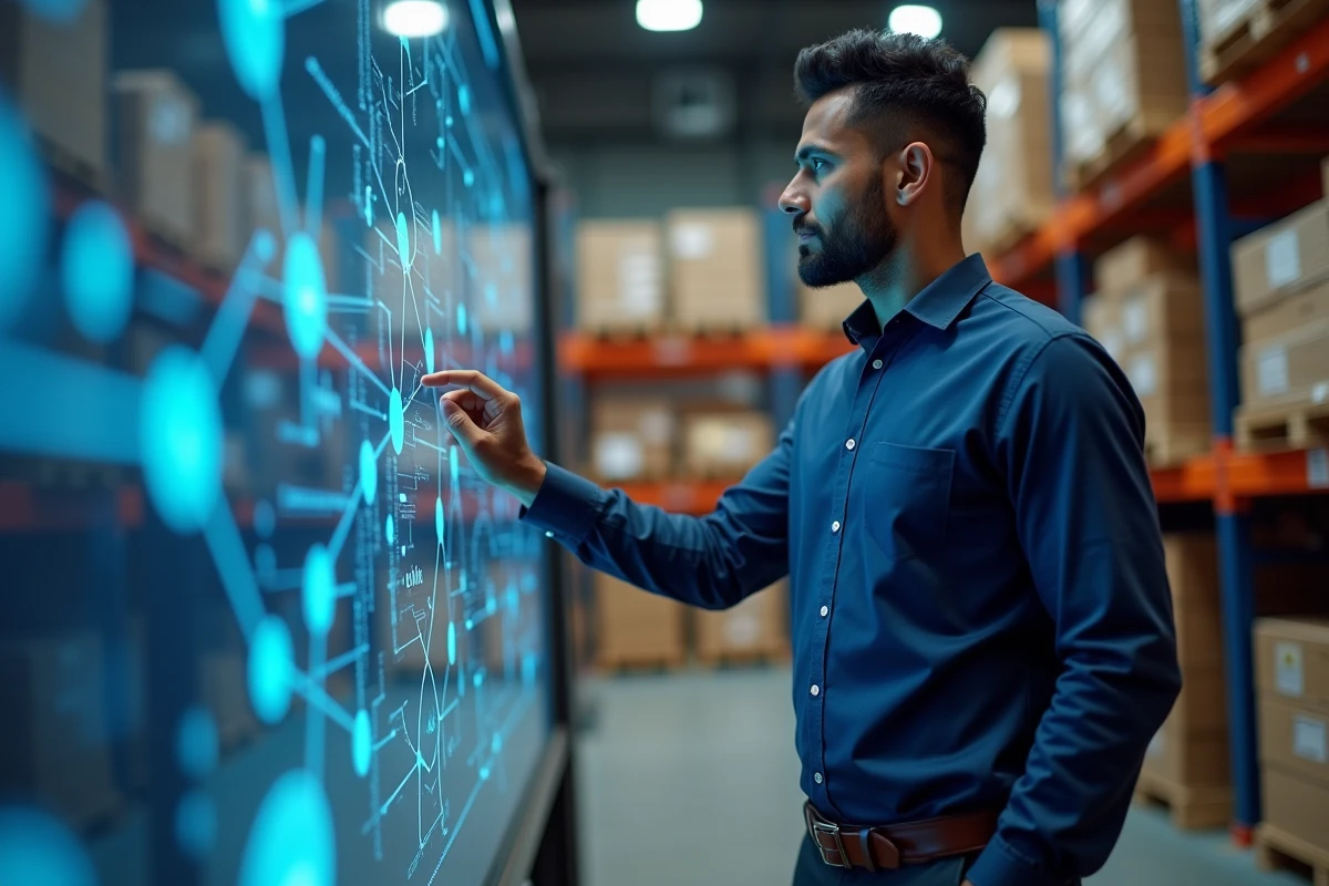 Analyste logistique examinant des données de blockchain sur un écran tactile dans un entrepôt moderne