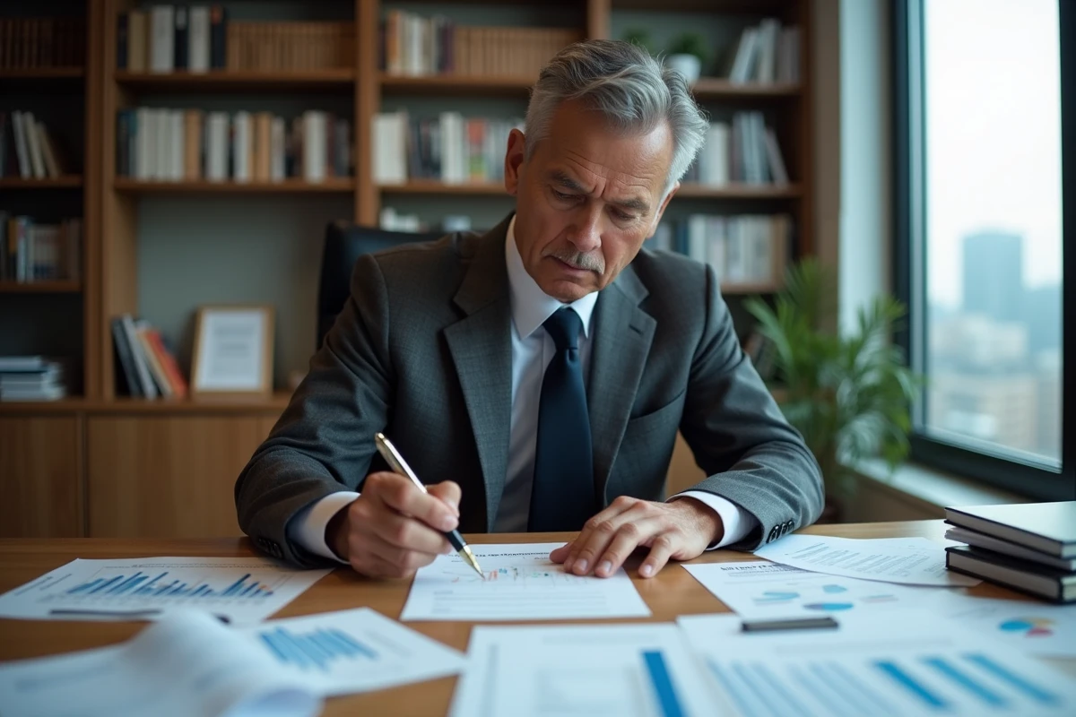 Analyste financier examinant des rapports de portefeuille dans un bureau moderne avec vue sur la ville