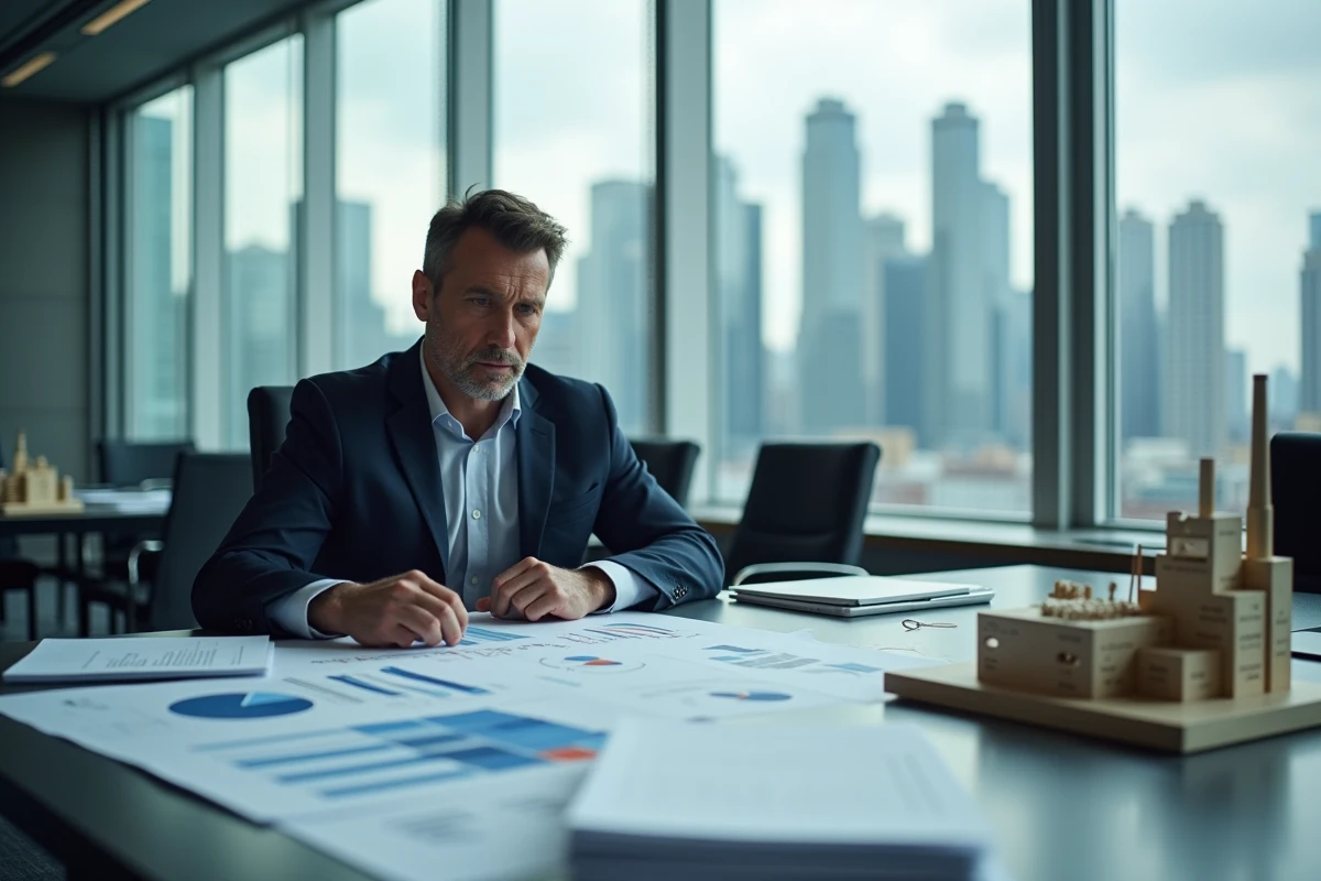Analyste industriel examinant des graphiques d'impact économique dans une salle de conférence moderne avec vue sur une skyline urbaine