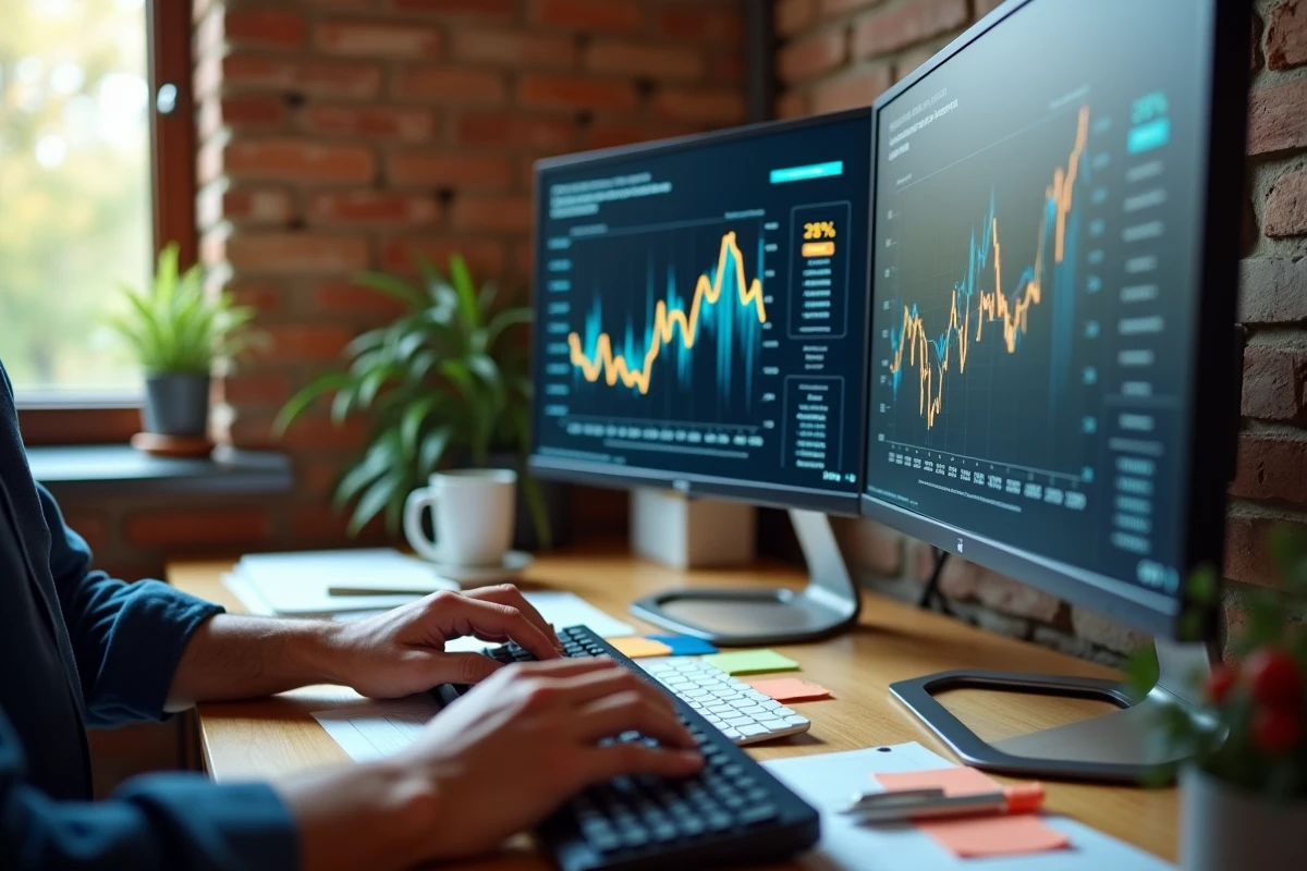 Analyste économique travaillant sur des tableaux de bord d'indicateurs macroéconomiques dans un bureau à domicile