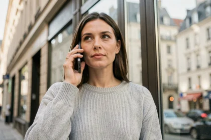 Femme utilisant son smartphone pour appeler la Belgique depuis un numéro français, devant une fenêtre urbaine