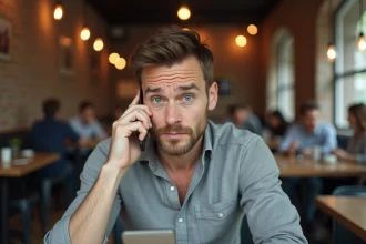 Homme frustré essayant de passer un appel international vers l'Algérie depuis son smartphone dans un café urbain