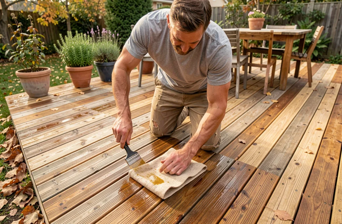 Homme appliquant de l'huile de lin naturelle sur une terrasse en bois teck pour la protéger sans produits chimiques