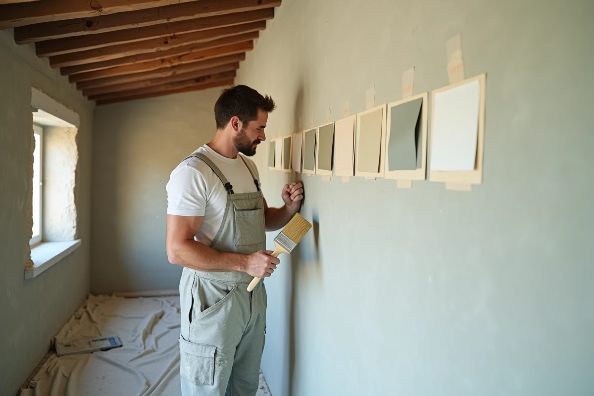Homme appliquant une peinture naturelle à la chaux sur un mur en pierre dans une pièce rénovée