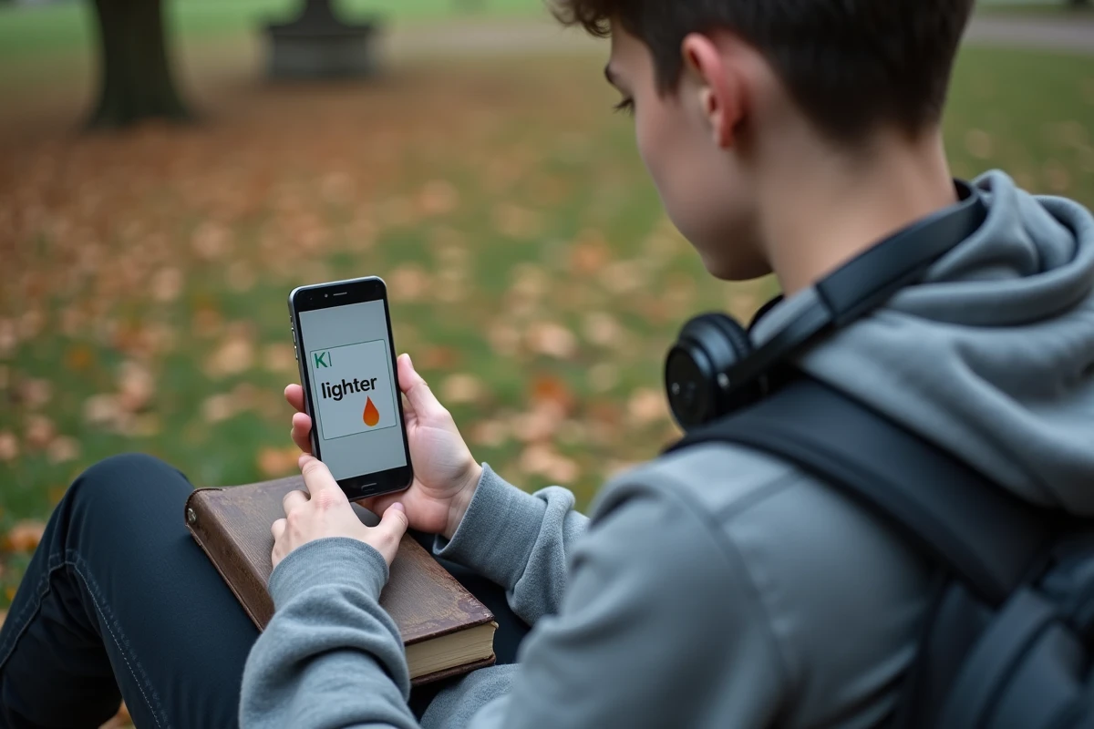 Adolescent utilisant une application de flashcards sur smartphone pour apprendre le mot anglais briquet dans un parc en automne