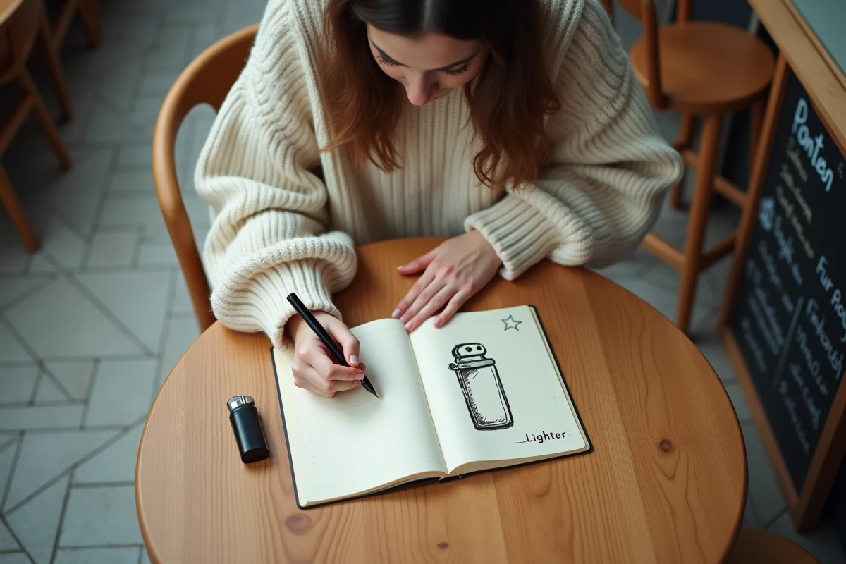Jeune femme écrivant le mot anglais lighter dans un carnet d'apprentissage des langues dans un café
