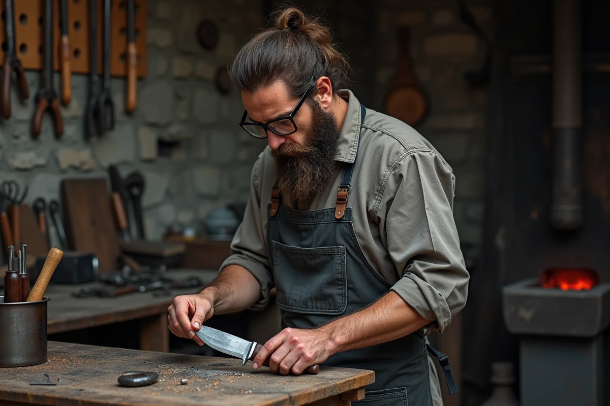 Artisan coutelier examinant une lame forgée à la main dans une forge traditionnelle