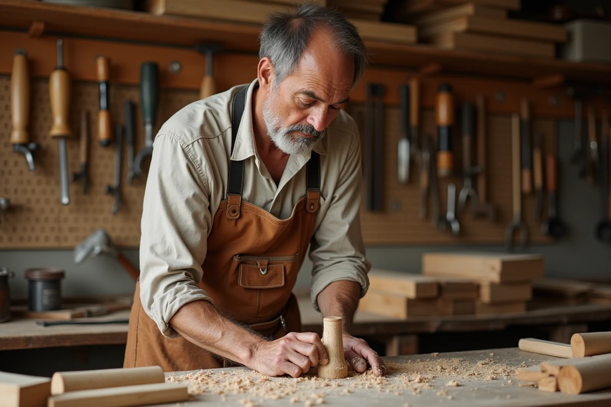 Artisan menuisier travaillant le bois dans son atelier avec des outils traditionnels