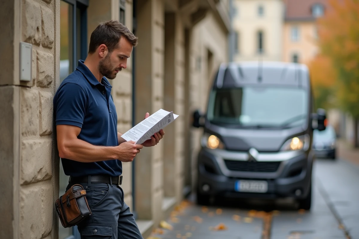 Artisan plombier lisant un guide sur les statuts juridiques devant une chambre des métiers