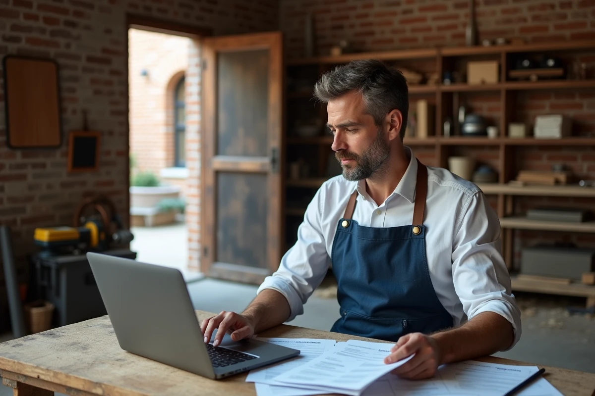 Artisan menuisier étudiant les options de statut juridique pour son activité dans son atelier