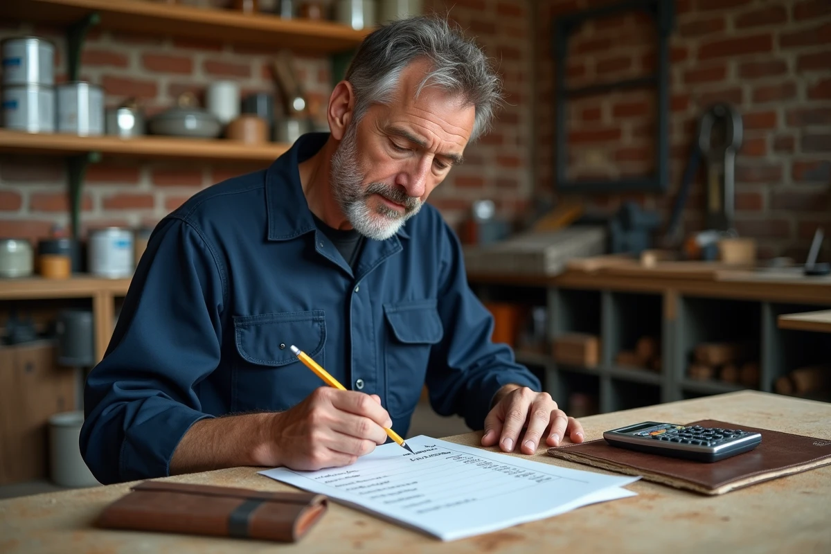 Artisan masculin en atelier consultant une facture avec tarif horaire détaillé posée sur un bureau en bois