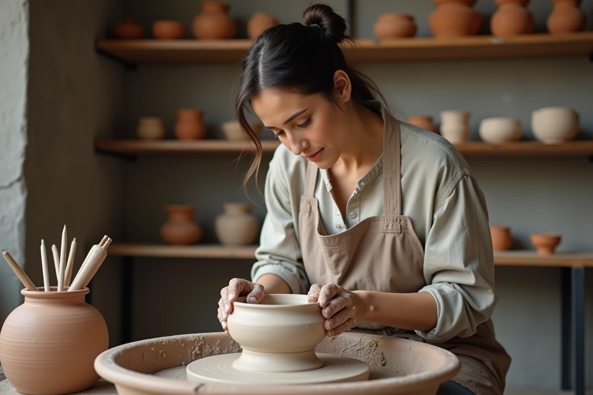Artisane céramiste façonnant une pièce en argile sur un tour de poterie dans son atelier