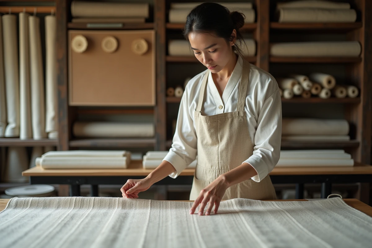 Artisane textile japonaise inspectant un tissu de haute qualité dans un atelier traditionnel