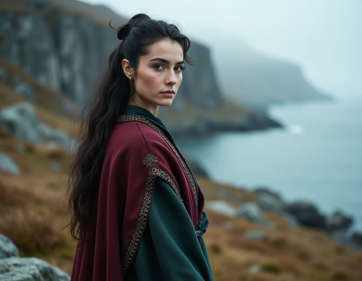 Femme viking aux cheveux sombres en tenue médiévale scandinave sur un paysage côtier nordique rocheux, évoquant le personnage d'Aslaug seconde épouse de Ragnar