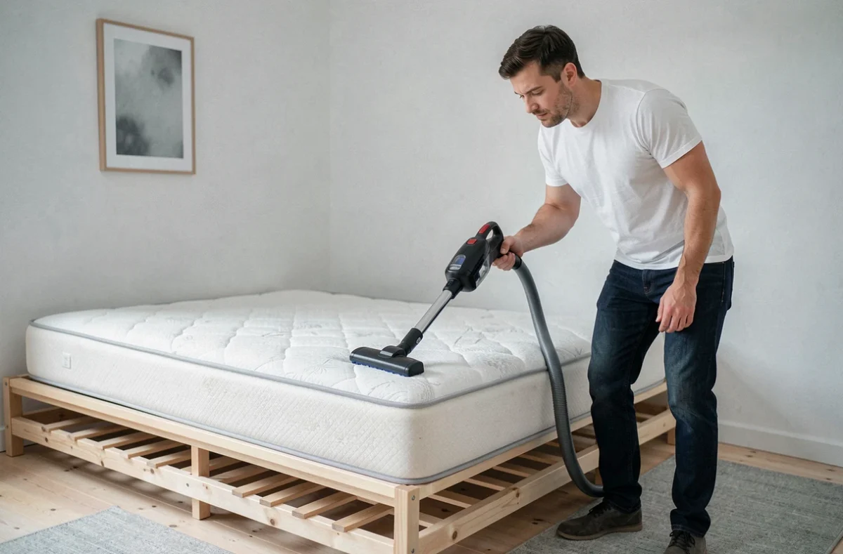 Homme aspirant un matelas nu pour l'entretenir et éliminer les acariens à domicile