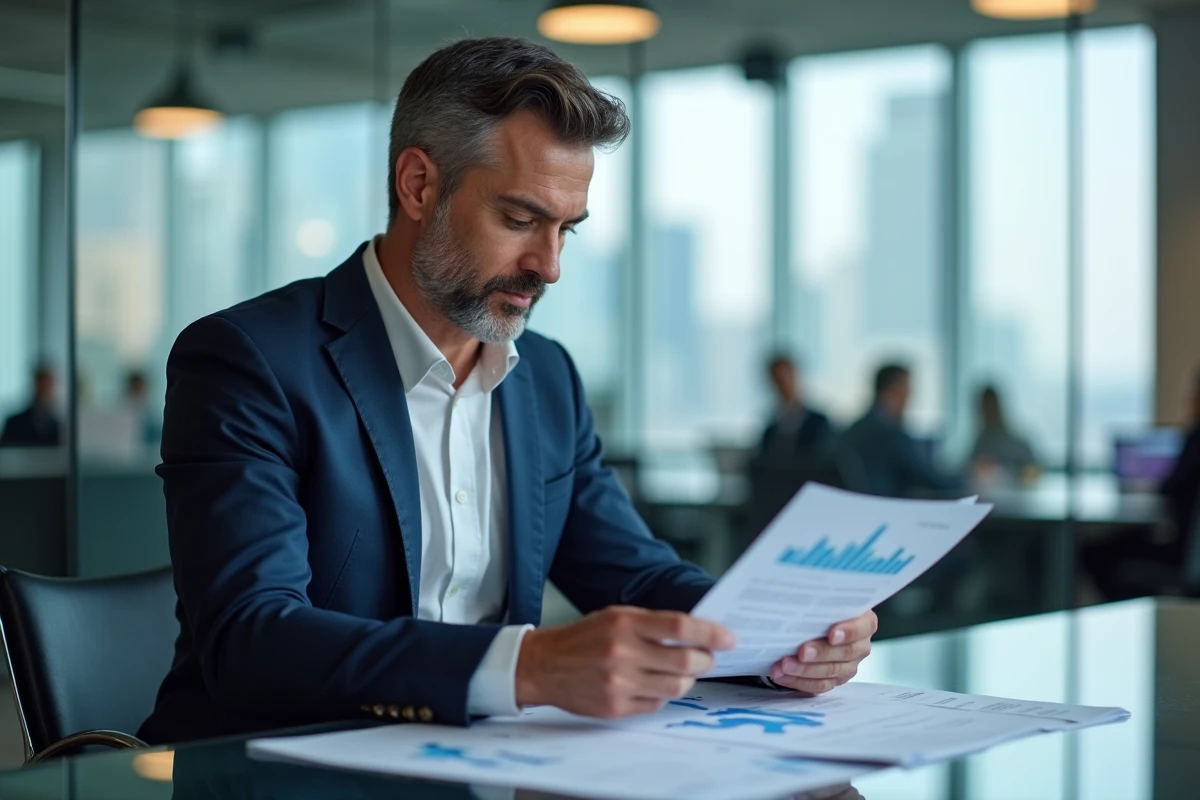 Asset manager masculin en costume marine analysant des rapports financiers dans un bureau moderne avec vue sur la ville
