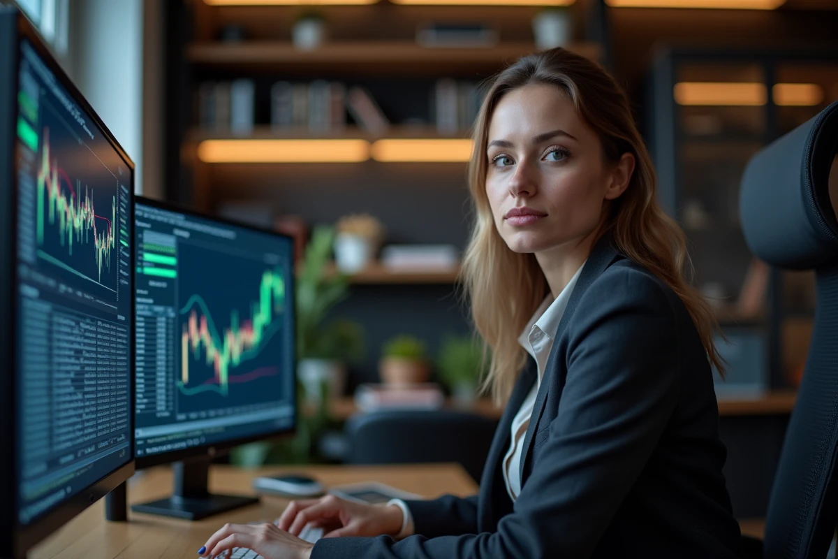 Asset manager féminine analysant des tableaux de bord de portefeuille d'investissement sur deux écrans dans un bureau privé élégant