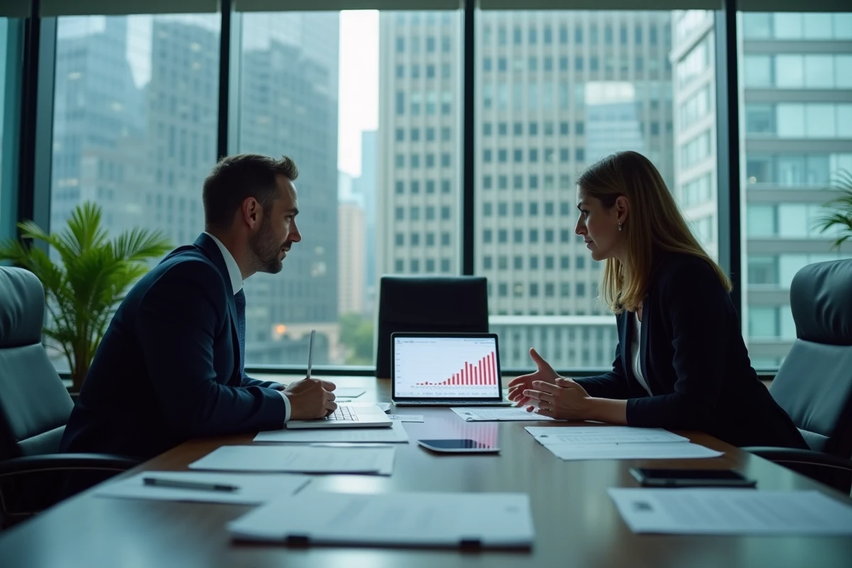Deux asset managers en réunion stratégique autour d'une table de conférence couverte de documents financiers dans une salle vitrée