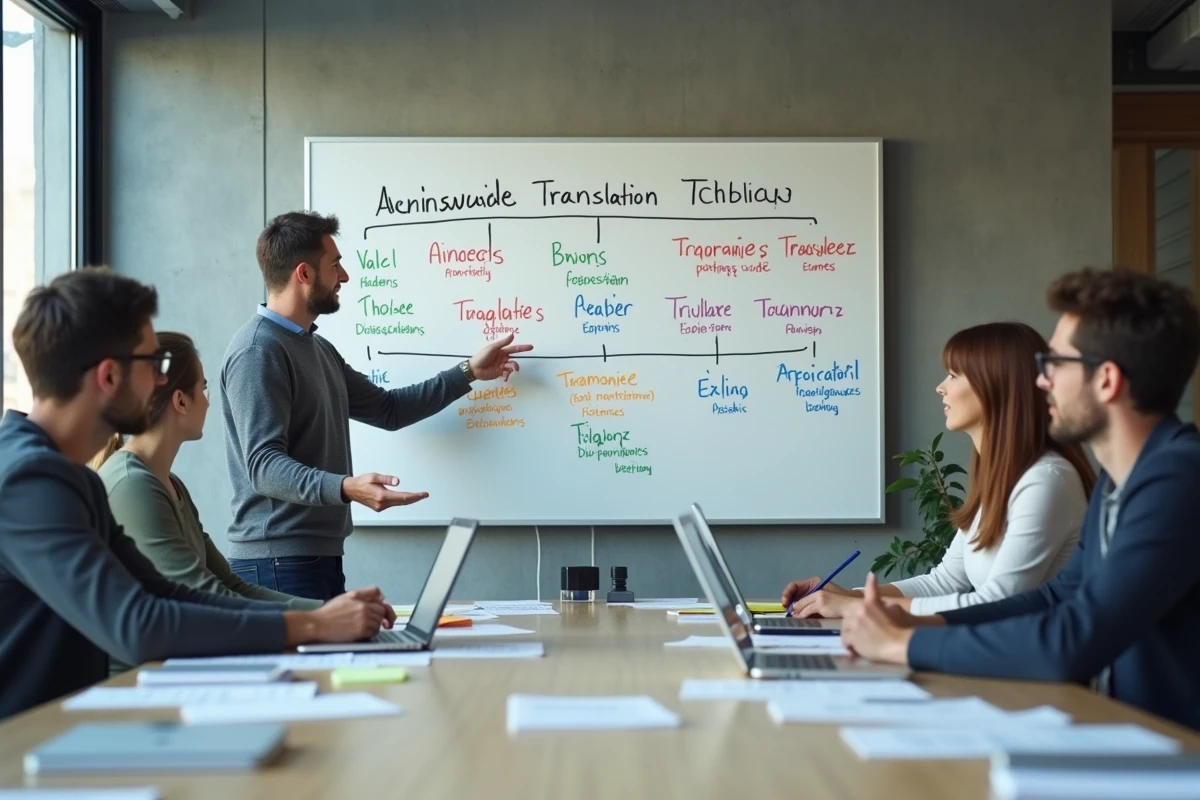 Atelier de formation aux techniques de traduction dans une agence moderne avec tableau de méthodes bilingues