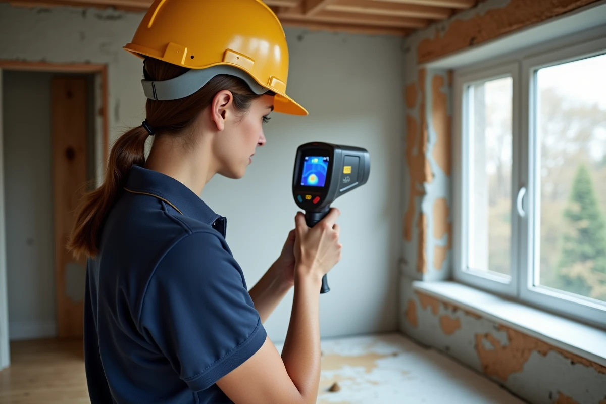 Auditrice énergétique utilisant une caméra thermique pour diagnostiquer les déperditions thermiques d'un appartement en cours de rénovation