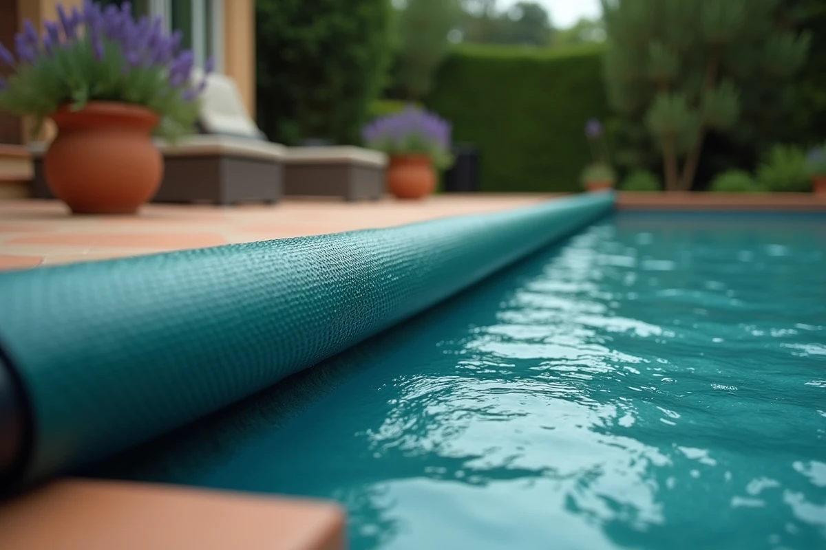 Bâche solaire à bulles sur une piscine rectangulaire pour conserver la chaleur de l'eau