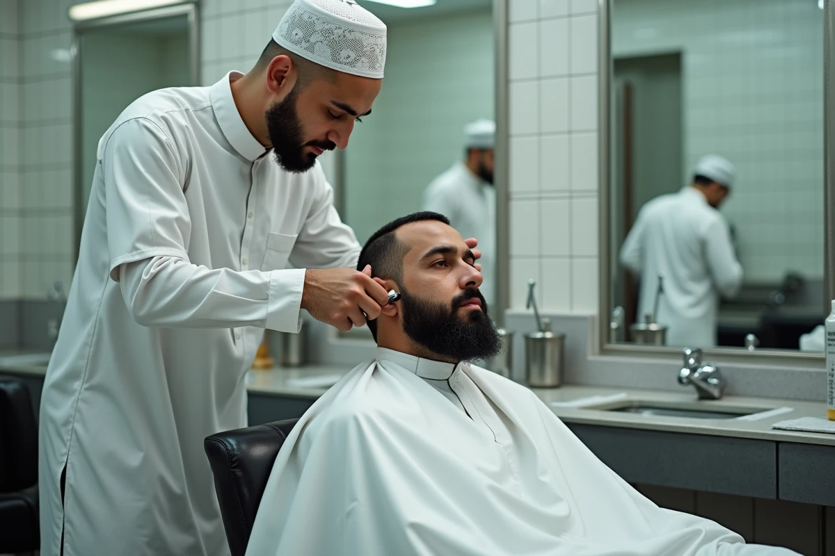 Barbier rasant la tête d'un pèlerin en ihram dans un salon de coiffure près de la mosquée à La Mecque