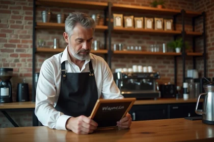 Barista dans un café indépendant examinant un tableau de prix du café affiché au tableau noir