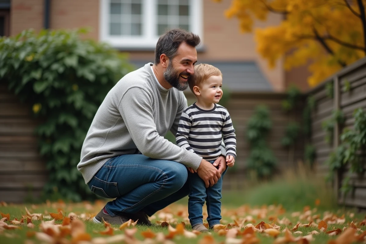 Lien affectif entre un beau-père et son beau-fils dans un jardin symbolisant l'adoption simple au sein d'une famille recomposée